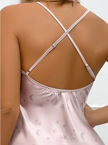 Sexy Star Print Satin Strapless Sleeping Dress With Exposed Back, Woven Polyester Adult Robe For All Seasons
