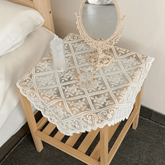 1 块优雅花卉蕾丝桌布 - 半透明、可洗涤纶方形桌布，带扇形边缘和花卉图案，适用于咖啡桌、床头柜、野餐和派对装饰、餐厅餐桌装饰，非常适合感恩节！