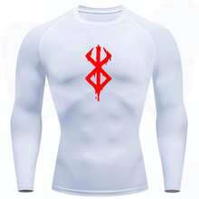 Compression Shirt UV Protection 50+ Printed Cold Fabric Second Skin Long Sleeve Berserkk Symbol Rash Guard - Trắng/Đỏ - Xem 1