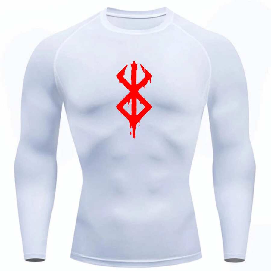 Compression Shirt UV Protection 50+ Printed Cold Fabric Second Skin Long Sleeve Berserkk Symbol Rash Guard - Trắng/Đỏ - Xem 1