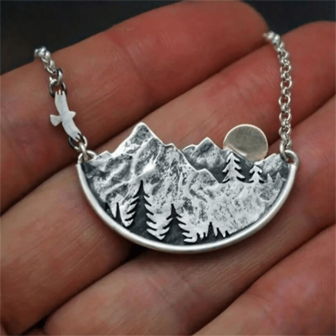 1pc Bohemian Vintage Geometric Semicircle Mountain Sunrise Tree Landscape Necklace, Fashion Jewelry Accessory For Women