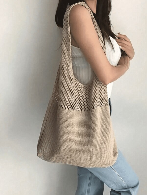 Fashionable Large Capacity Knitted Tote Bag - Women, Soft Unlined, Fixed Shoulder Strap Design, Foldable, Lightweight, Convenient To Carry, Retro Style, Spacious & Breathable Women Shoulder Bag, Suitable For Any Occasion - White, Khaki, Black Available