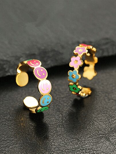 1pc Adjustable Smiling Face Ring With Little Colorful Flowers, Suitable For Daily Wear By Girl