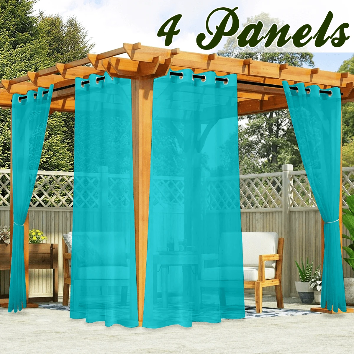 4 Panels Elegant Outdoor Waterproof Curtains - Linen Like Translucent Breathable Sheer Curtains, Doly Semi Sheer Quick Dry Easy Slide Draperies For Backyard Patio Verandas, Pool, Pergola, Gazebo, Cabana, Outdoor Decor, Grommet Top - Teal Blue - View 1