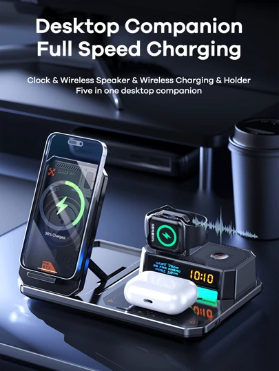 REMAX מטען אלחוטי מהיר משודרג, אביזרים לשולחן העבודה, טעינה מהירה אלחוטית למספר מכשירים, שעון נשים/שעון גברים/טלפון/אוזניות/אוזניות/, עם רמקול אלחוטי, מחזיק טלפון מתכוונן בגובה, תאורת סביבה RGB מתכווננת, שעון אלקטרוני, שחור/לבן, נאן שולחני למשרד