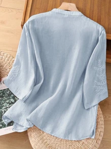 Blusa casual de lino holgada con bordado asimétrico de unicolor para primavera y verano