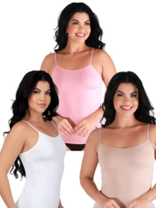Kit 3 Women's T-Shirt Second Skin Comfort Thin Strap Casual T-Shirt Without Brand Tank Top - 粉紅色,米色和白色 - 查看 1