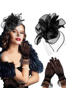 3Pcs Fascinators With Lace Gloves For Women Tea Party Hat Pillbox Hat With Veil Wedding Party Headpiece Retro 20s 50s New