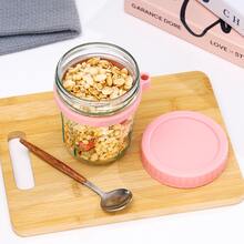 350ml New Glass Jar Water Cup With Spoon And Lid, Overnight Oat Cup Mason Sealed Glass Cup Portable Salad Cup With Lid Spoon