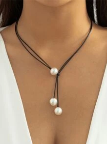 1 pièce Collier de clavicule réglable à double couche en ficelle de cire et perle de culture, accessoire de collier polyvalent pour femme