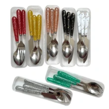 Kit Set Of 3 Stainless Steel Cutlery Set Case Fork Knife Lunch Box Travel Practical Portable Bag - Đen và Vàng - Xem 2