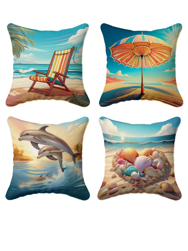 1-4PCS Square Coastal Beach Theme Pillow Covers With Dolphin & Seashell Prints, Ultra-Soft Premium Polyester Fiber, Decorative Throw Pillows For Sofa Bedroom, Summer Nautical Home Decor, Housewarming Beach House Gift (Coastal Decor, Summer Accents, Ocean-Themed Gifts)