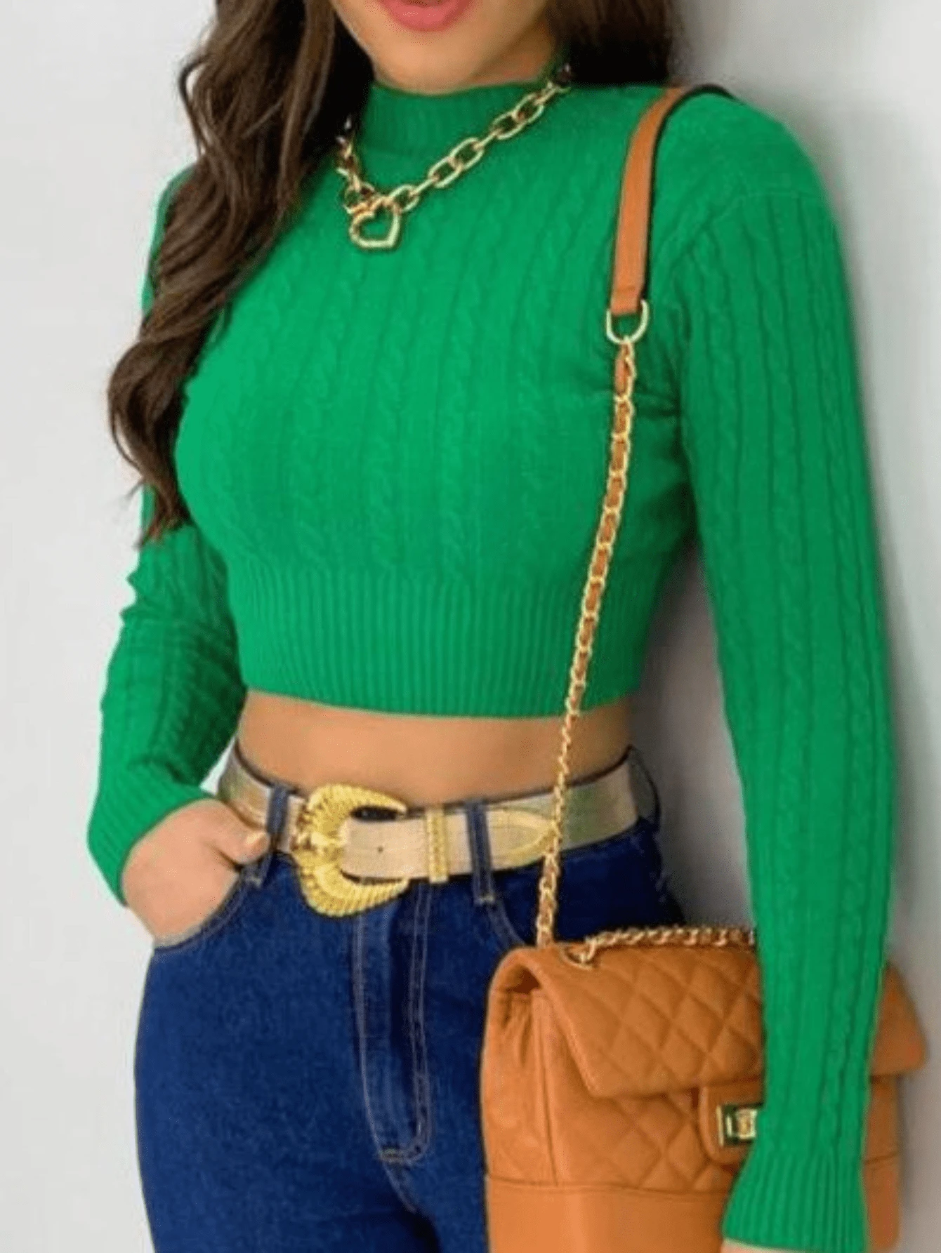 Cropped Long Sleeve Ribbed Modal Knit Women's Blouse Boat Neck Winter Fashion Knit - Emerald Green - View 1