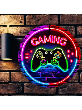 1pc Vintage Neon Game Sign - 19.81cm Round Metal Flat Print Wall Art, Weather-Resistant Decor For Home, Gym, Cafe, Bar, Garage, Garden - Perfect Gift For Gamers & Collectors, Great For Room Decoration, Random Hole Position