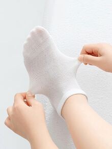 5 Pairs Simple White Mesh Breathable No Show Boat Socks - White - View 10