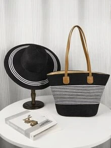 1 Bộ Mũ Rơm Sọc Màu Tương Phản Thường Ngày Cho Kỳ Nghỉ + 1 Túi Cói - màu đen - Xem 2
