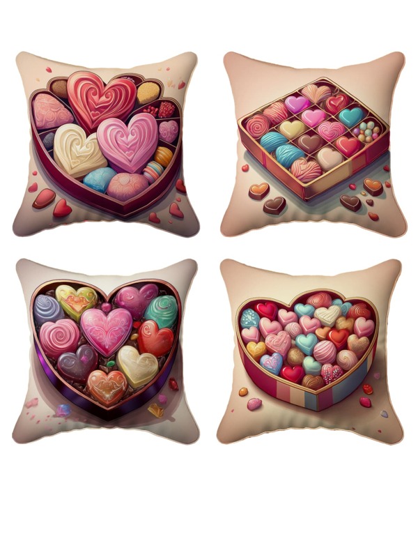 1-4PCS Square Sweetheart Chocolate Box Print Pillow Covers, Ultra-Plush Premium Polyester Fiber, Romantic Throw Pillows For Bedroom Couples Gift, Valentine's Day Anniversary Decor, Spring Summer Cozy Home Accents (Gift Ideas, Romantic Decor, Throw Pillows)
