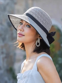 1 pièce Chapeau de paille de protection solaire d'été pour femmes - Chapeau à large bord simple et à la mode, casquette de soleil polyvalente avec nœud décoratif, convient pour la protection solaire d'été