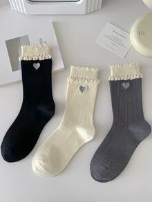 1/3 Pairs New Versatile Heart Embroidery Bubble Mouth Mid-Calf Socks - Multicolor - View 2