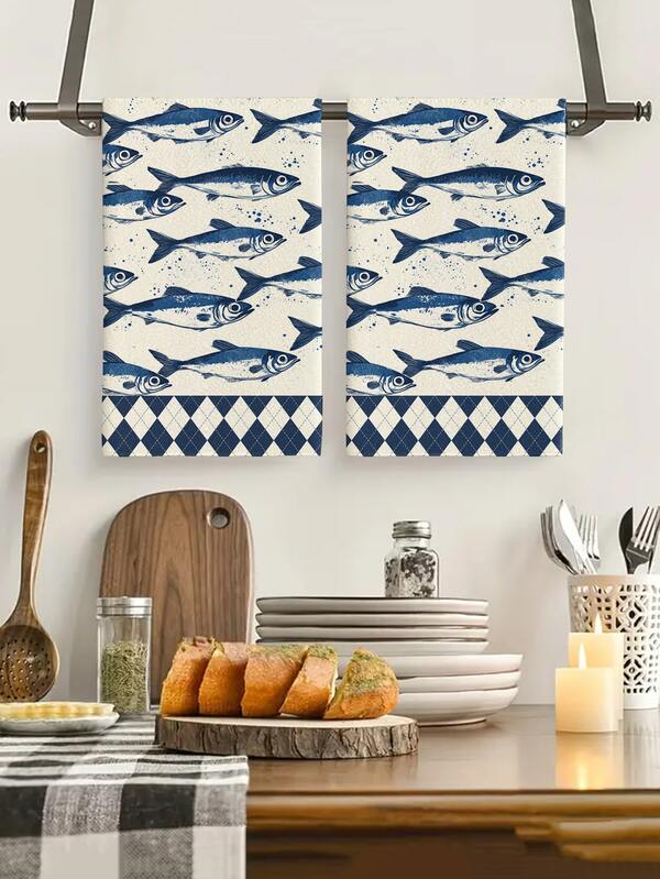 2pcs Fish Pattern Kitchen Towel & Dishcloth, Ocean Style, Quick Drying, Super Soft Microfiber Material, Rectangular 40*60CM Digital Printing, Suitable For Home Kitchen Decor, Outdoor Party Decoration