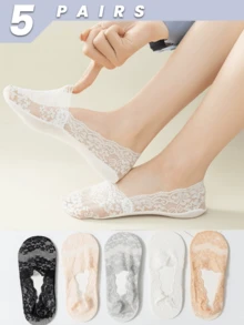 1/5 双装 女士春夏休闲低帮船袜，硅胶防滑蕾丝透气隐形踝袜，适合日常穿着 - 彩色 - 查看 12