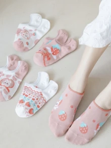 5 Pairs Breathable & Moisture-Wicking Cute Strawberry & Rabbit Design Ankle Socks, No Show Socks, Non-Slip - Multicolor - View 5