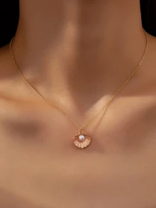 1pc Elegant Boho Ocean Shell Pearl Pendant Necklace, Women's Gold Jewelry Accessories, Beach Ornament, Summer, Beach Vacation - Gold - View 2