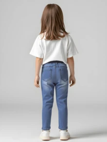 Calça Denim Longa com Faixa Elástica e Cordão para Meninas, Adequada para Uso Casual, Outdoor e Festa, em Todas as Estações - Lavagem escura - Visão 4