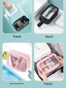1 pezzo Borsa da toilette da viaggio in PVC trasparente rosa + pelle, organizer trasparente per il trucco da donna, borsa impermeabile per la conservazione dei cosmetici, adatta per la cura della pelle e il trucco da donna per la spiaggia/viaggio, per vacanze, bagno, camera da letto, grande capienza