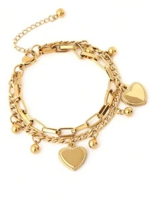 1pc Unisex Couple Bracelet, Vintage Fashionable Double-Layer Heart Design, Multi-Element Chain, Personalized Street Hip-Hop Luxury Titanium Steel Bracelet Accessories