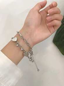 1pc Unisex Couple Bracelet, Vintage Fashionable Double-Layer Heart Design, Multi-Element Chain, Personalized Street Hip-Hop Luxury Titanium Steel Bracelet Accessories