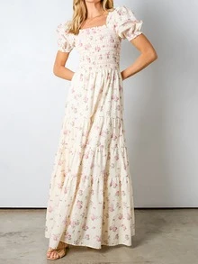 Women Floral Embroidery Long Dress Puff Sleeve Square Neck Smocked Ruffle Swing Maxi Dress Backless Flowy Boho Dresses - White - View 1
