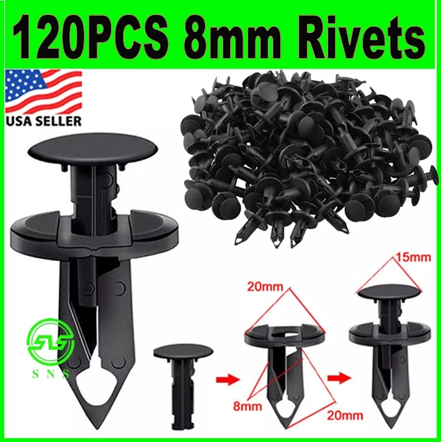 120PCS 8mm Bumper Clips Retainer Auto Car Plastic Rivets Fastener  Push