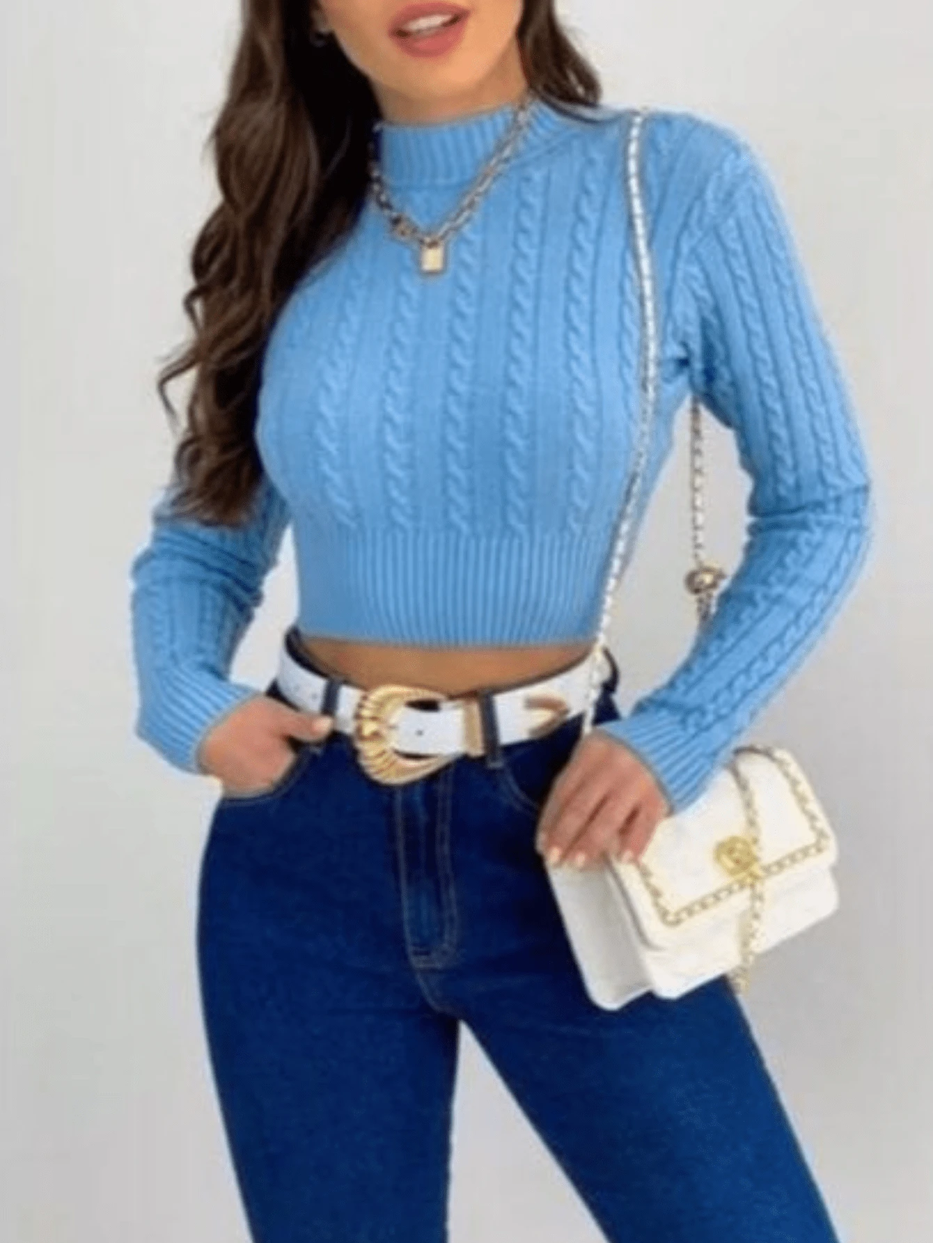 Cropped Long Sleeve Ribbed Modal Knit Women's Blouse Boat Neck Winter Fashion Knit - Celeste - Ver 1