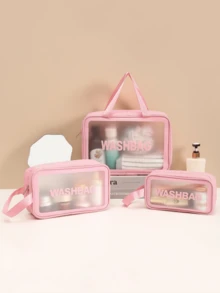 1 pezzo Borsa da toilette da viaggio in PVC trasparente rosa + pelle, organizer trasparente per il trucco da donna, borsa impermeabile per la conservazione dei cosmetici, adatta per la cura della pelle e il trucco da donna per la spiaggia/viaggio, per vacanze, bagno, camera da letto, grande capienza