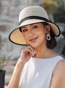 1 pièce Chapeau de paille de protection solaire d'été pour femmes - Chapeau à large bord simple et à la mode, casquette de soleil polyvalente avec nœud décoratif, convient pour la protection solaire d'été