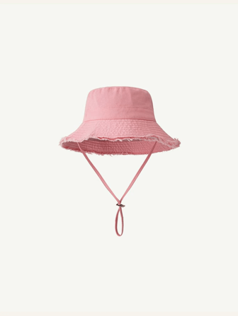 1pc Women's Drawstring Fur-Edged Bucket Hat ,Adjustable Chin Strap,Soft Fabric Windproof Sunshade Hat,Suitable For Outdoor Sun Protection, Beach Vacation And Daily Use.