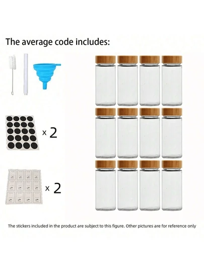 Christmas 12 Round Spice Jars Containing 90 Ml, Spice Nozzle With Round Rotating Cover And Strong Seal, Bamboo And Glass Spice Organizer, Including Funnel, Label And Pen Set. Home Decor New Year Gift