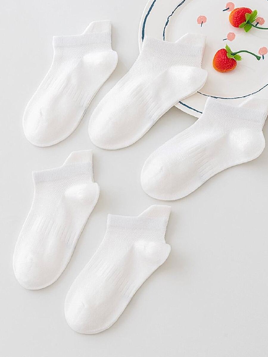 5 Pairs Simple White Mesh Breathable No Show Boat Socks - White - View 1