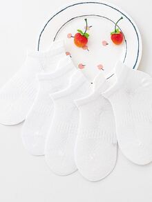 5 Pairs Simple White Mesh Breathable No Show Boat Socks - White - View 9