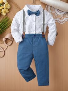 BOARNSEORL 2 件套男婴绅士装，长袖随机印花衬衫，配领结和围兜裤，时尚，适合生日派对、婚礼、洗礼、1 岁生日 - 藍色 - 查看 7