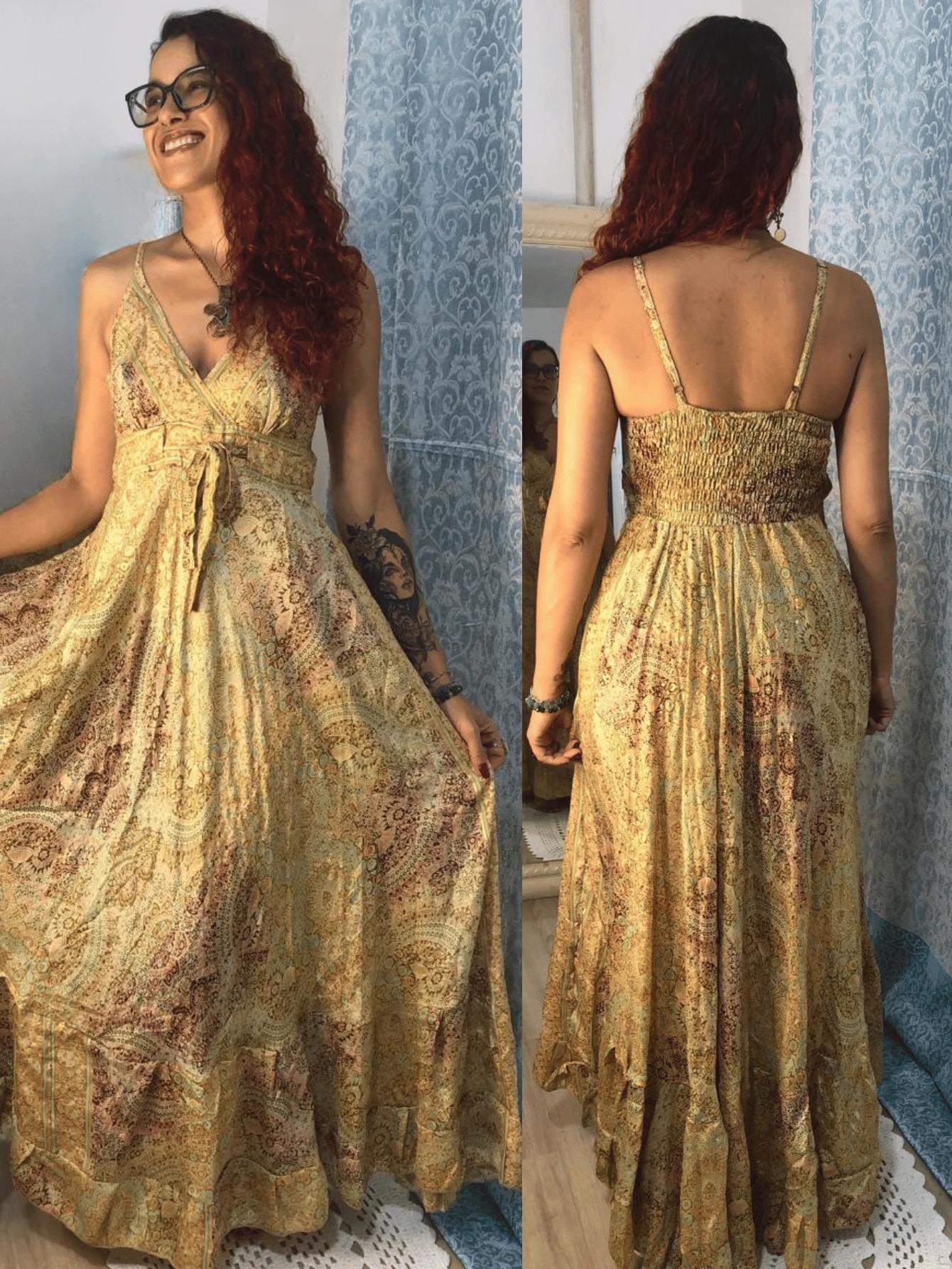 Women's Long Silk  Dress With Assorted Prints And Adjustable Straps - Multicolor - View 1