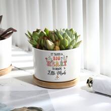 1pc,Ceramic Flower Pot With Bamboo Tray - Succulent Plant Pot For Gift, Teacher, Woman - Yard Decor For Teacher Appreciation, Graduation, Birthday