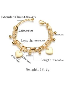 1pc Unisex Couple Bracelet, Vintage Fashionable Double-Layer Heart Design, Multi-Element Chain, Personalized Street Hip-Hop Luxury Titanium Steel Bracelet Accessories
