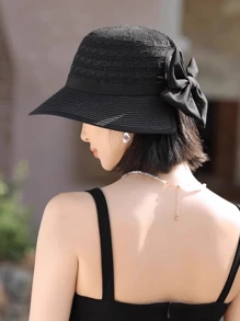 1 pièce Chapeau de paille de protection solaire d'été pour femmes - Chapeau à large bord simple et à la mode, casquette de soleil polyvalente avec nœud décoratif, convient pour la protection solaire d'été