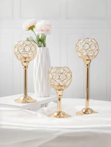 Juego de 3 portavelas de cristal y metal dorados, candelabros de cristal para velas de té, altos candelabros de cristal para votivas, elegante soporte de cristal para velas como centro de mesa para comedor, decoración de bodas, decoración de habitación, regalos - Multicolor - Ver 8