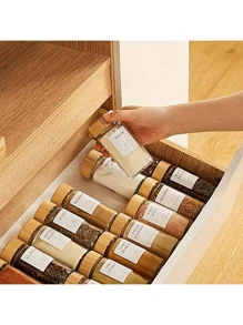 圣诞节12件套圆形调料罐，每罐容量90毫升，配有带旋转盖的调料嘴和强力密封圈，竹制玻璃调料收纳盒，包含漏斗、标签和笔套装。家居装饰新年礼物 - 無色 - 查看 6