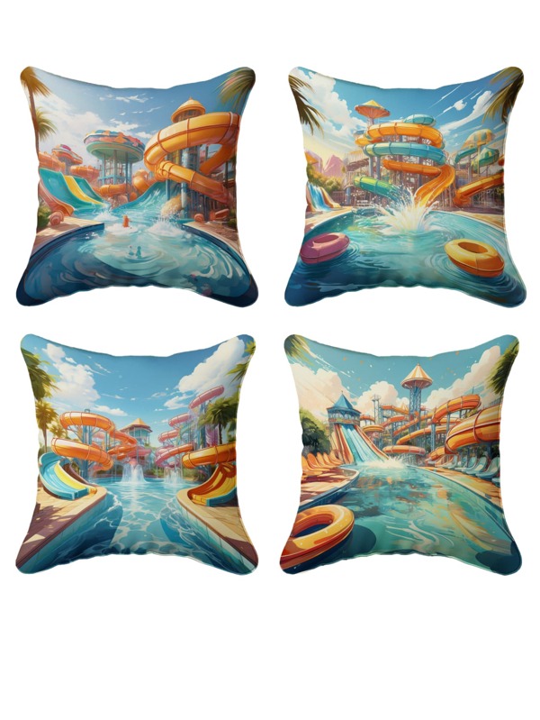 1-4PCS Square Splash Water Park Print Pillow Covers, Ultra-Soft Premium Polyester Fiber, Vibrant Summer Throw Pillows For Kids Room Backyard Decor, Pool Party Summer Vibes Gift, All-Season Durable Accents (Water Park Theme, Kids Room Decor, Summer Home Decor)