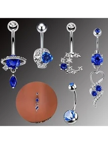 5pcs Simple Belly Button Rings, Including Blue Planet Shaped, Water Drop Shaped, Crescent Moon Shaped, Adorned With Zirconia - Multicolor - View 1