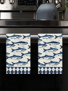 2pcs Fish Pattern Kitchen Towel & Dishcloth, Ocean Style, Quick Drying, Super Soft Microfiber Material, Rectangular 40*60CM Digital Printing, Suitable For Home Kitchen Decor, Outdoor Party Decoration - Multicolor - View 7